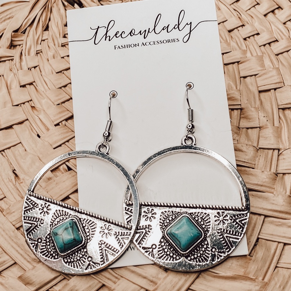 Western Burnished Silver Alloy Turquoise Aztec Hoop Earrings Round Ear Stud NEW